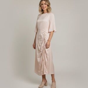 NOCTURNE Pudra Dress Petal Pink Flutter Sleeve Gathered Side Midi Dress Size 40